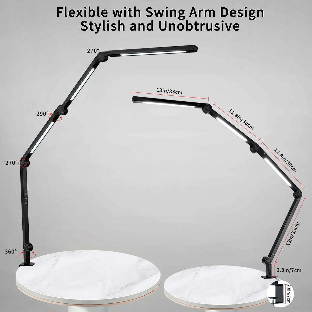 LED Desk Lamp with Clamp Flexible 4 sections Swing Arm Three light sources desk light, 4 Color Modes & 5 Brightness